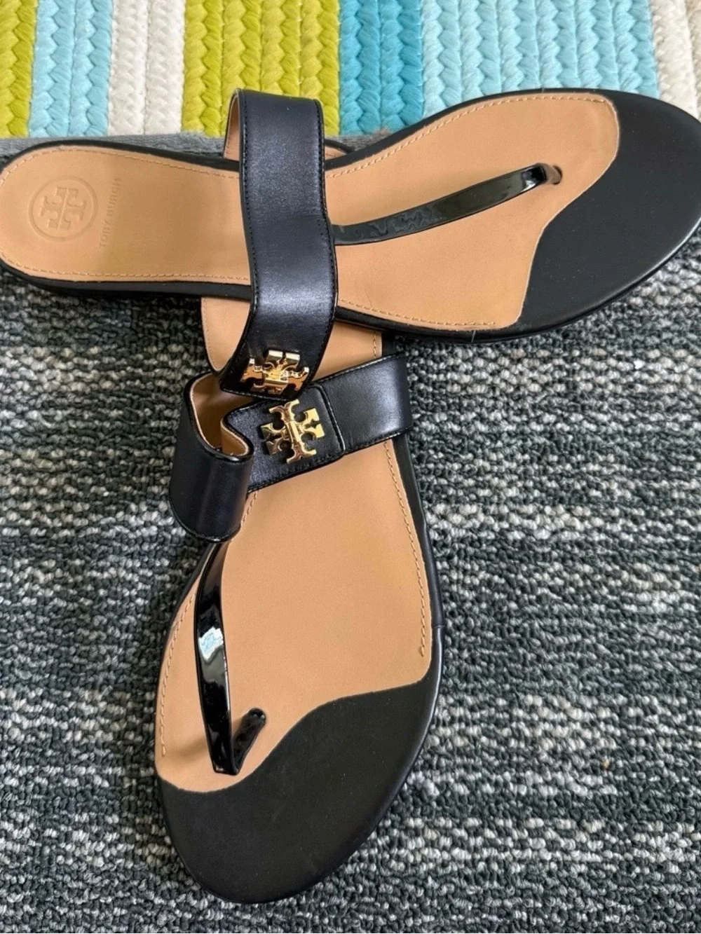 Tory Burch Black Leather Logo Thong Sandals with Tan Insole